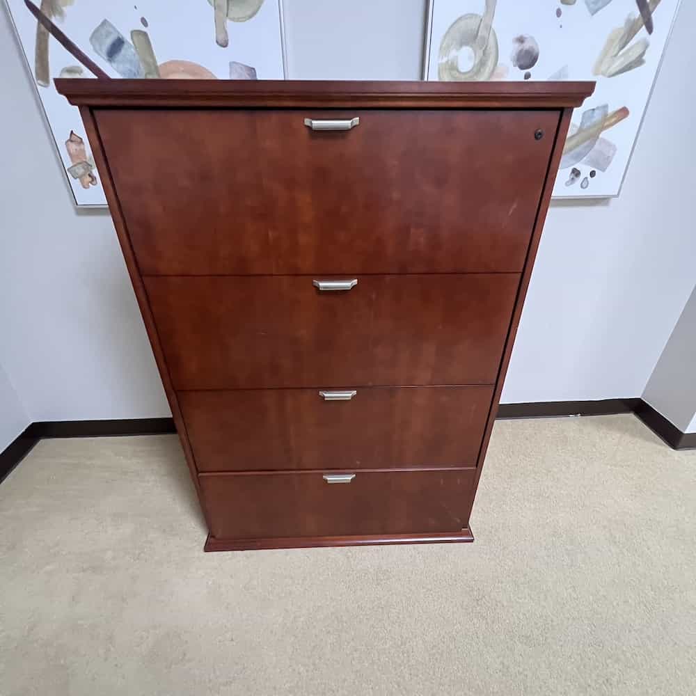 cherry veneer wood 4 drawer lateral file cabinet, silver pulls