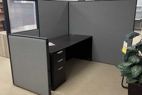 Office divider setup, floor model, for two desk stations, shows espresso desk inside