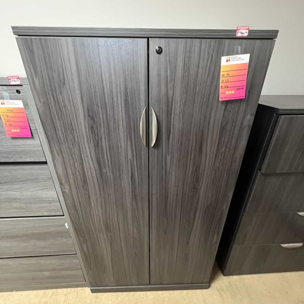 grey laminate 2 door cabinet with shelves
