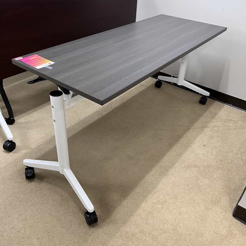 grey laminate top with white metal base