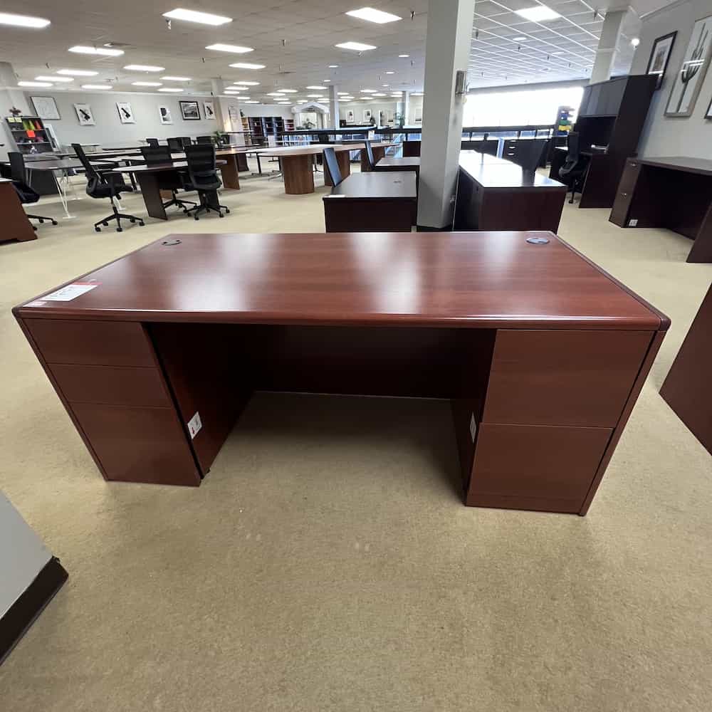 cherry laminate desk rounded edge with 2 pedestal files and front cabinets, hon brand, open box