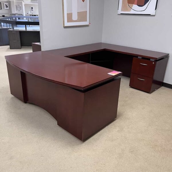 bow front mahogany u-desk right return with two pedestal files