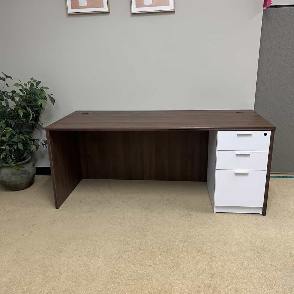new desk with walnut laminate desk shell, and white laminate box box file drawers