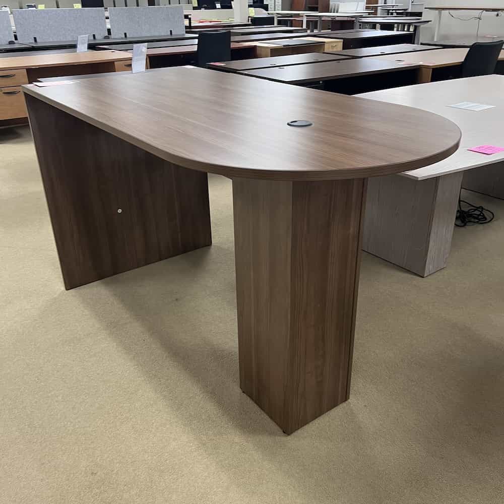 walnut laminate bullet nose desk, standing height, collaboration table with cabinet in the base
