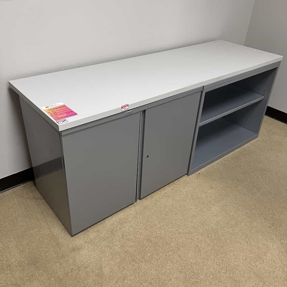 white laminate top credenza with grey metal base, two door cabinet on the left, shelves on the right