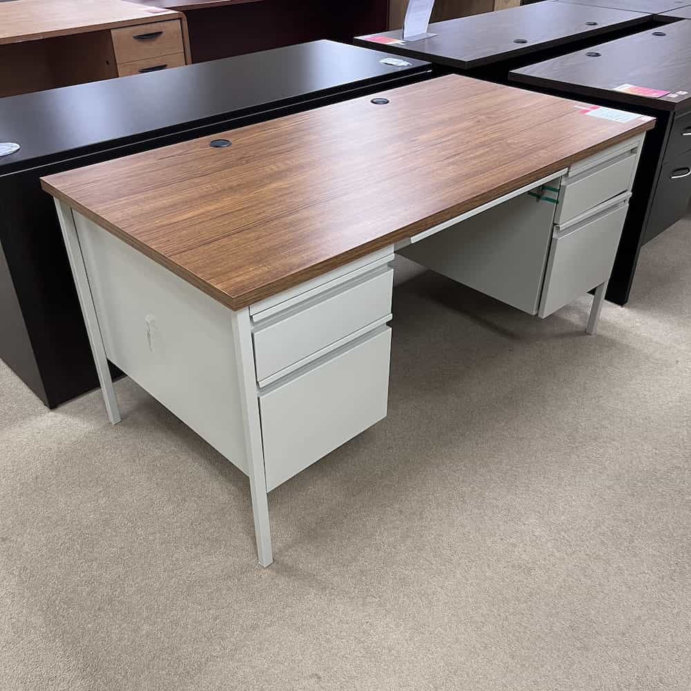 60" x 30" Oak and Beige Metal Desk with 2 Hanging Files Office