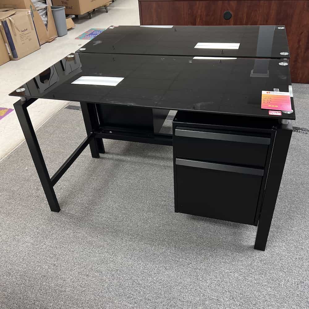 black glass top desk with one hanging file box file metal