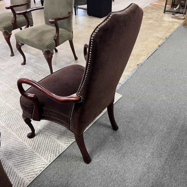 mahogany arms, high back guest chair, brown, queen anne