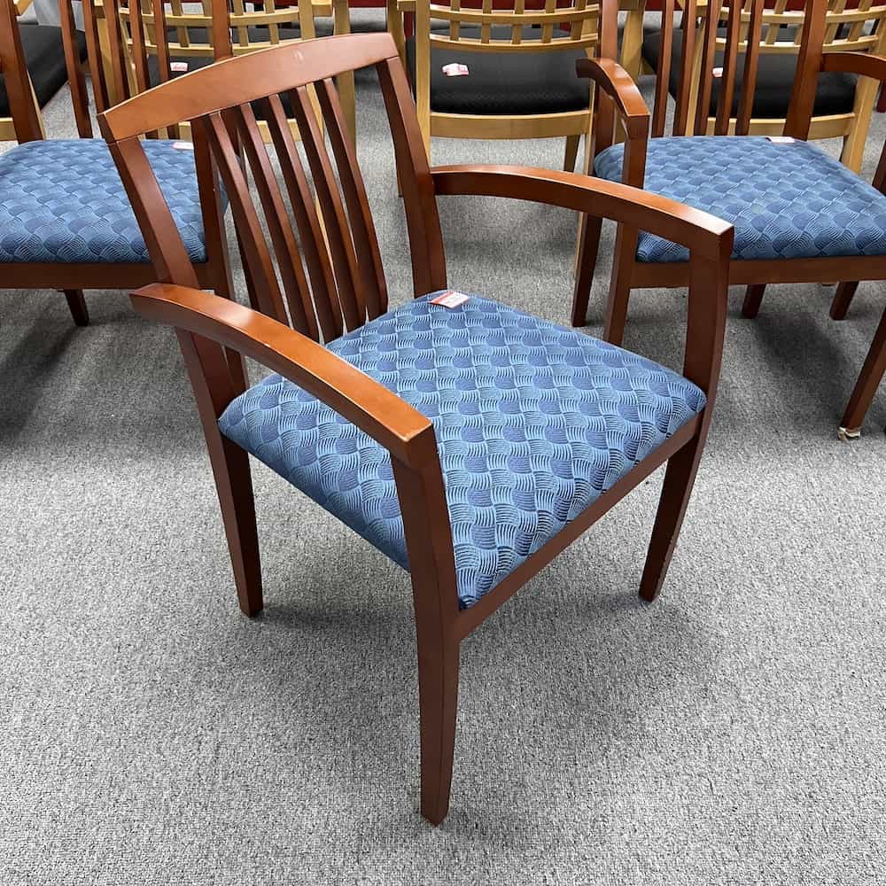 cherry veneer frame guest chair with blue upholstery