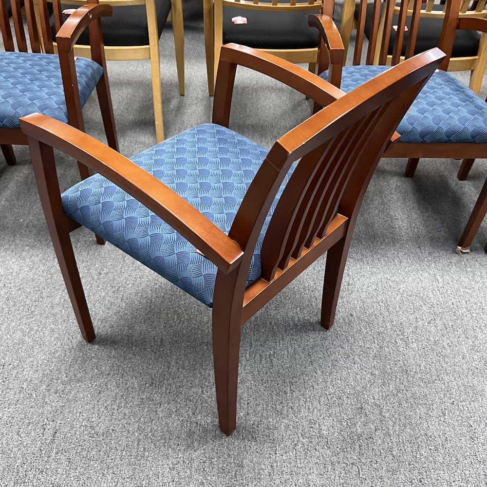 cherry veneer frame guest chair with blue upholstery