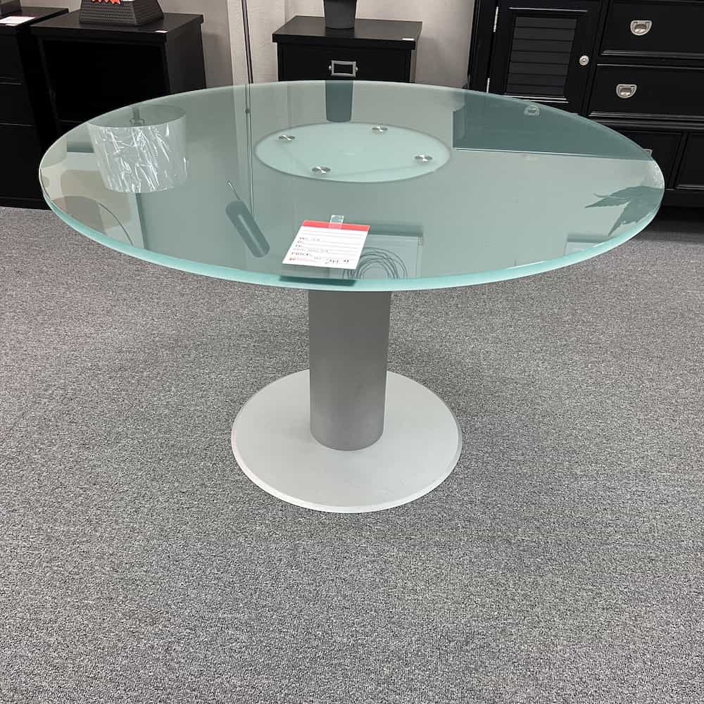 green tinged glass round tempered modern table with silver matte metal base