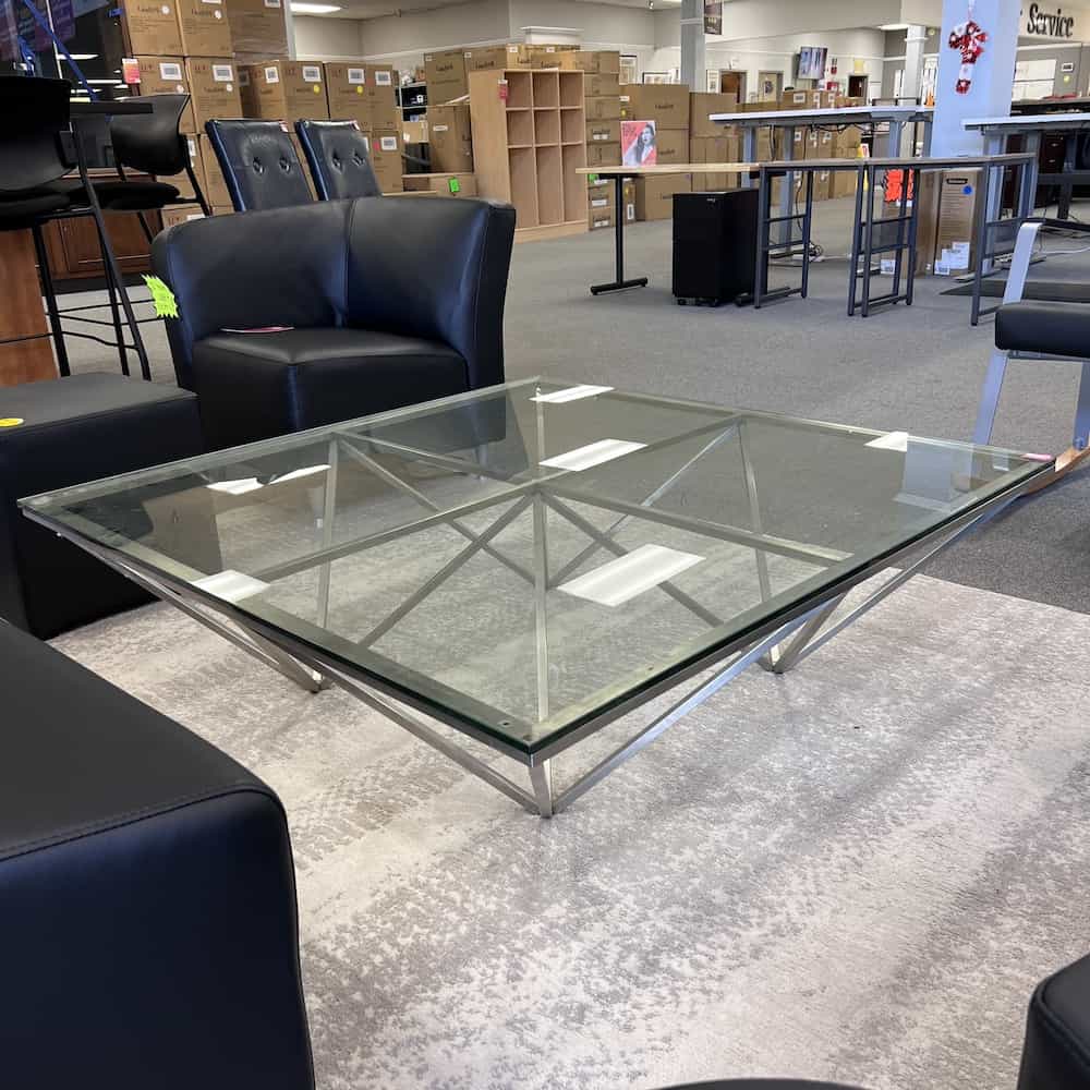 glass square modern coffee table with triangle metal legs