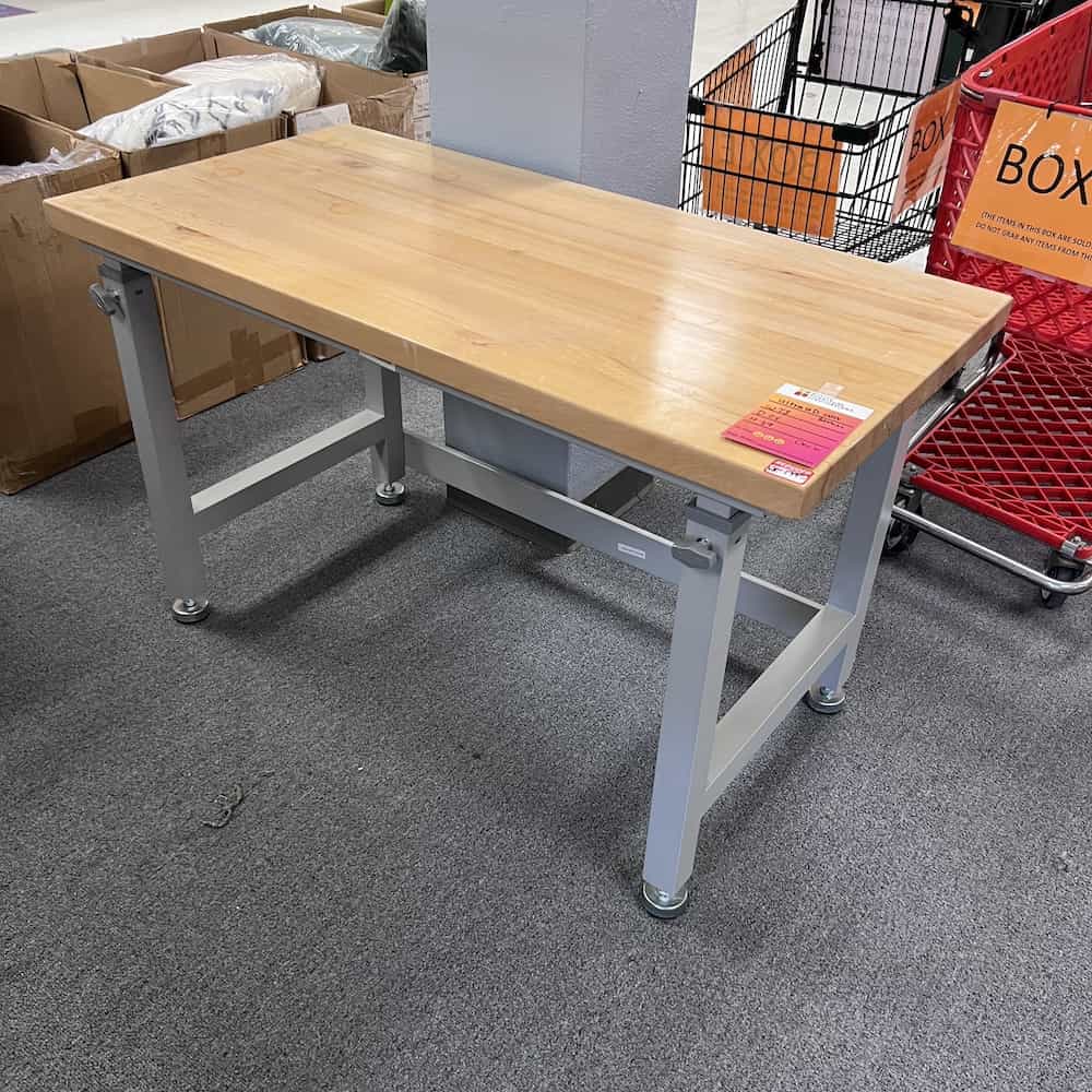grey metal base with butcher block top work bench desk HD
