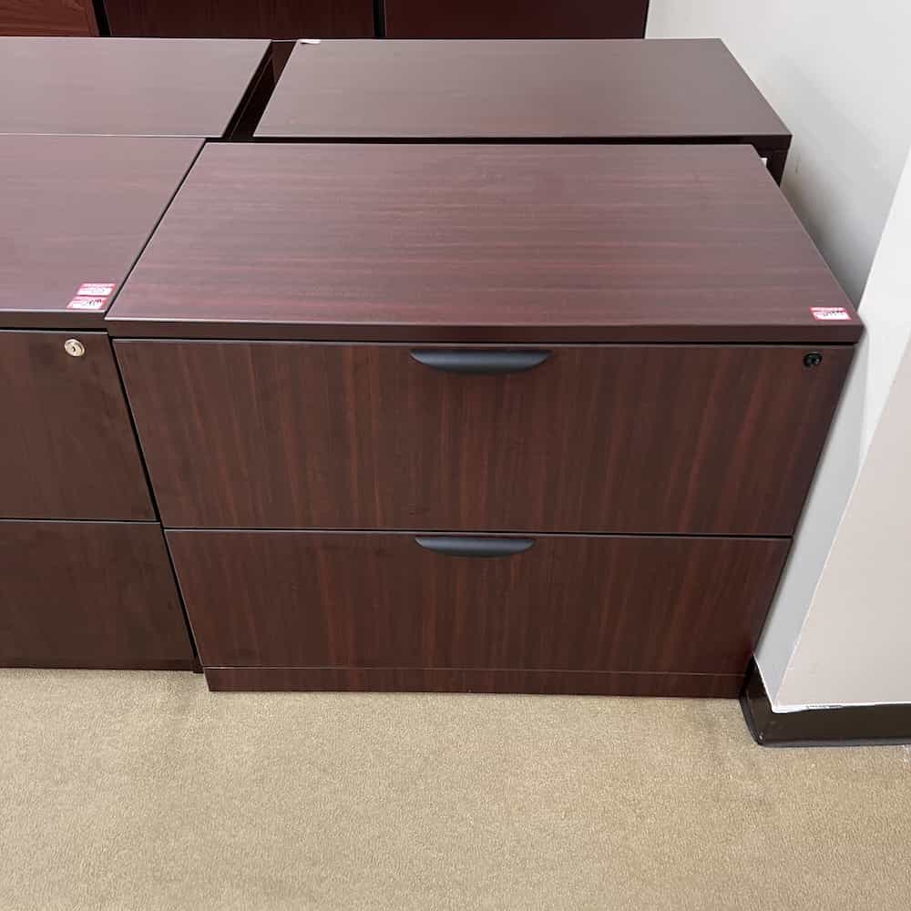 mahogany 2 drawer lateral file with black pulls