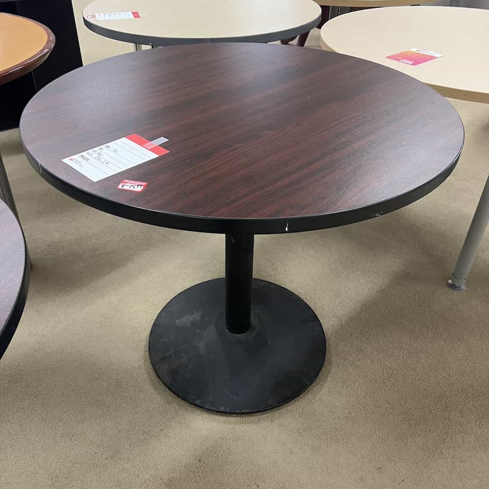 mahogany laminate round table with black metal legs break room table