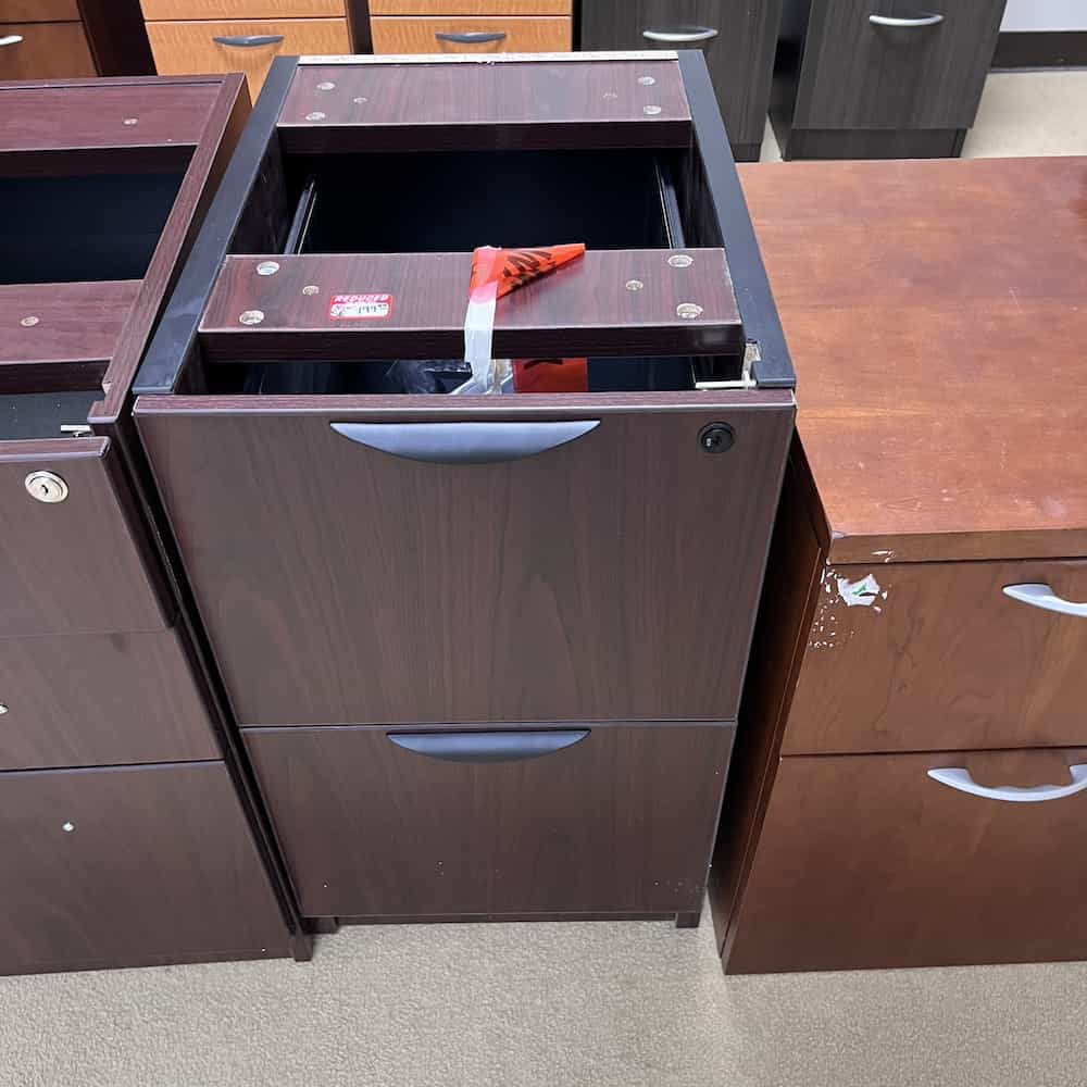 mahogany file file laminate with black pulls under desk mount