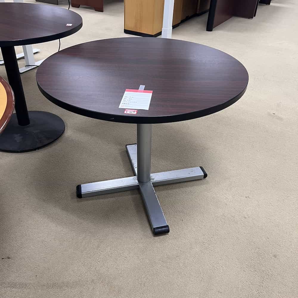 mahogany laminate round table with silver metal legs break room table
