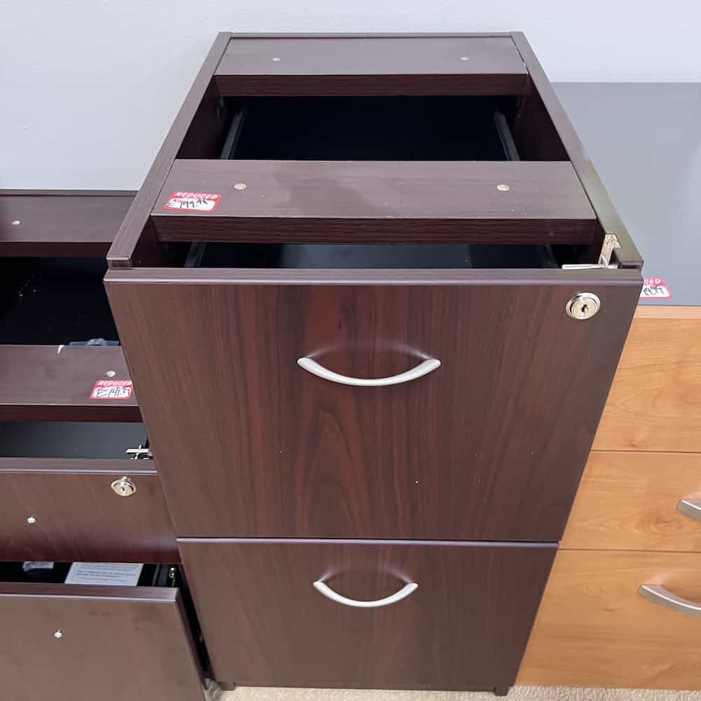 mahogany file file laminate with silver pulls under desk mount