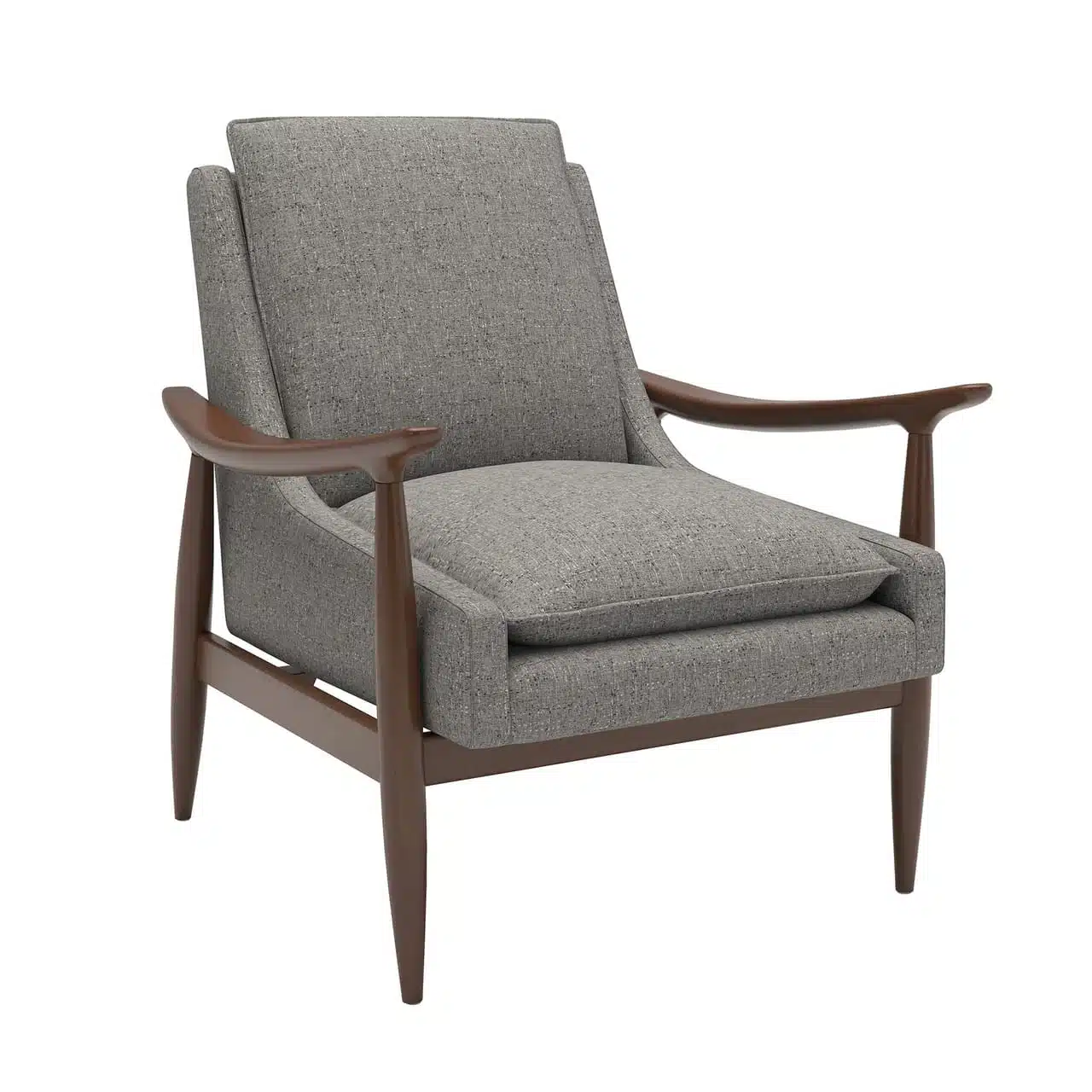 grey upholstered mid century modern lounge chair with wood arms and legs