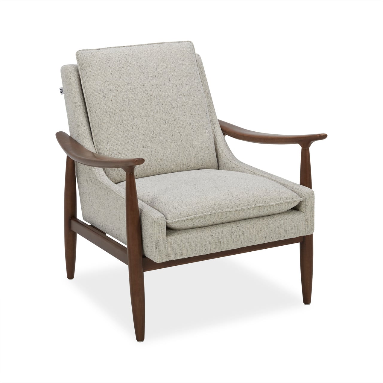 beige upholstered mid century modern lounge chair with wood arms and legs