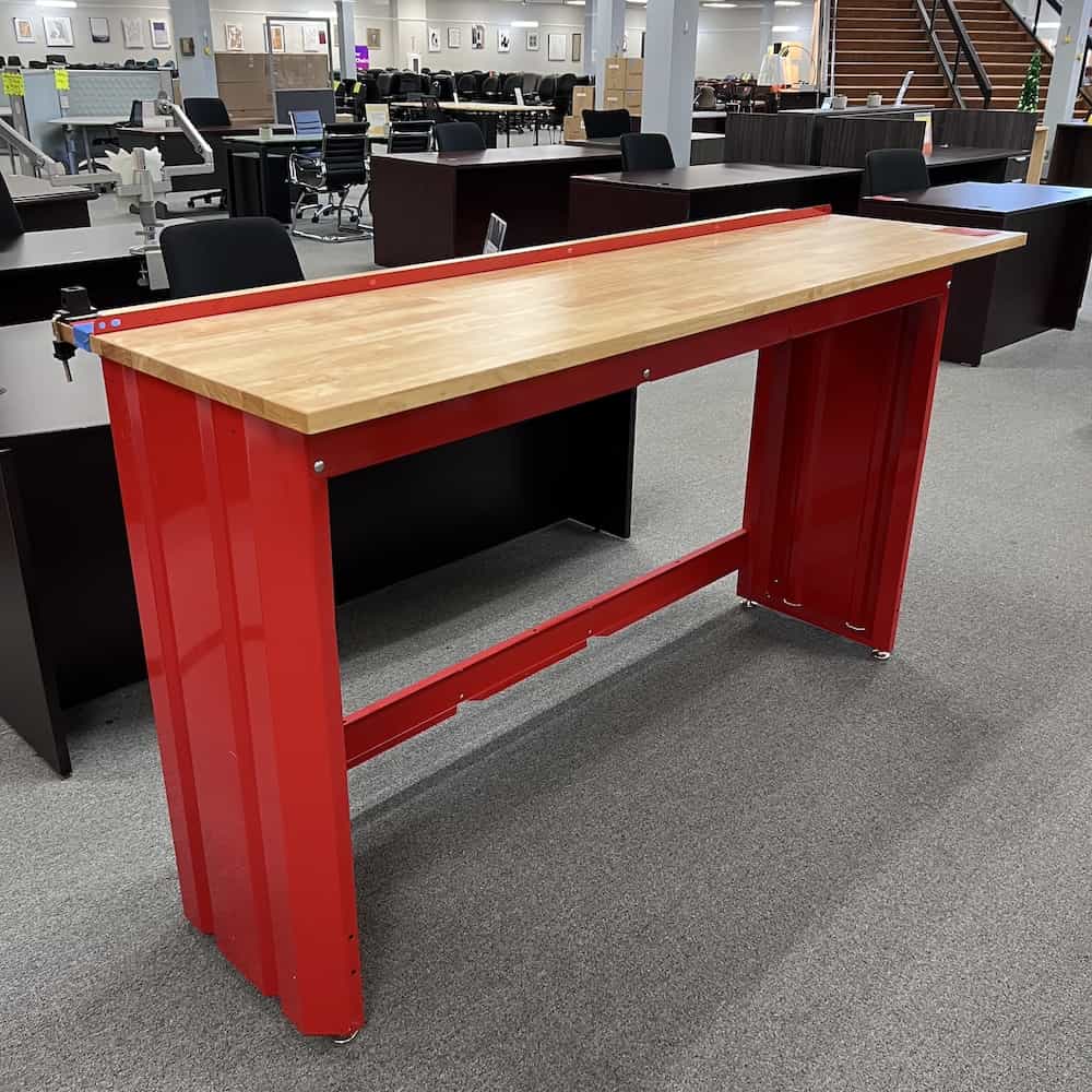 red metal standing work bench with wood top, craftsman