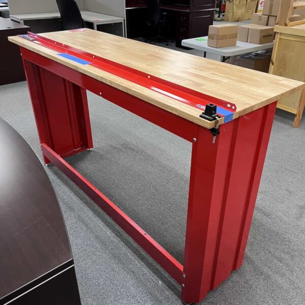 red metal standing work bench with wood top, craftsman