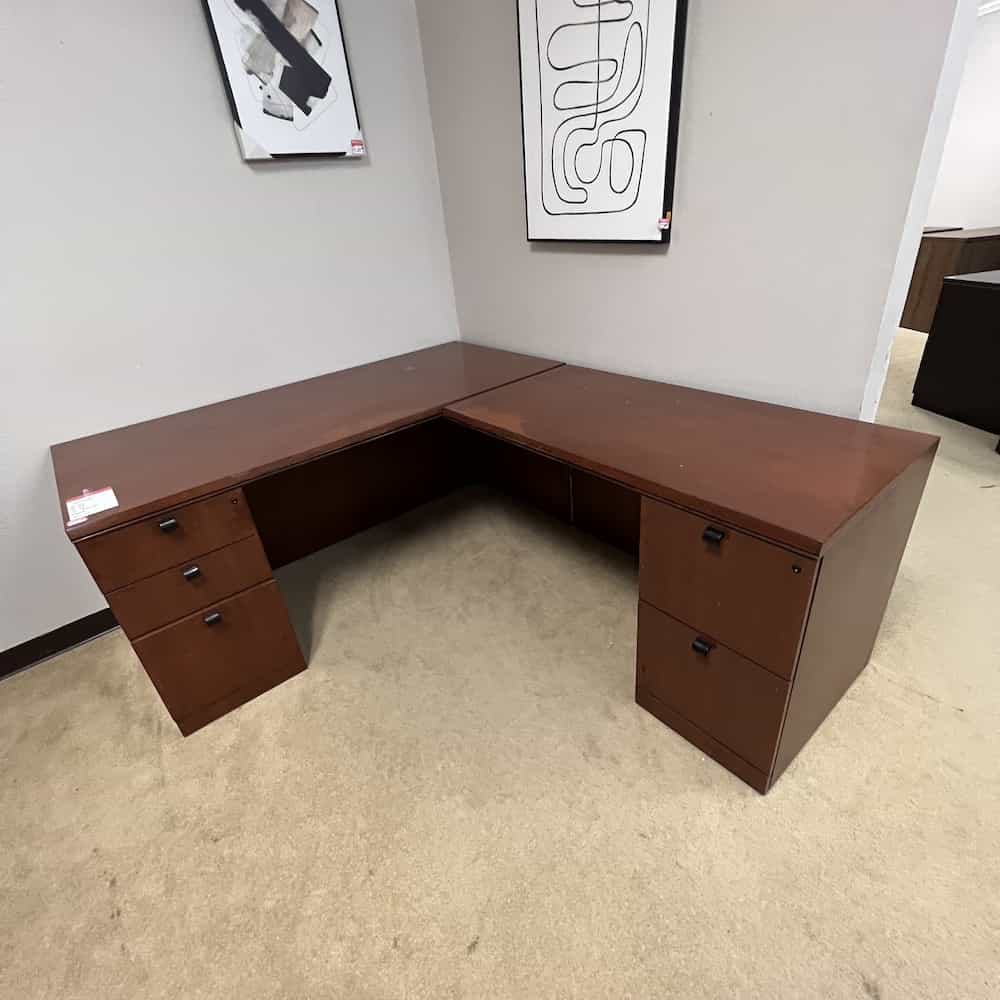 walnut veneer wood l-desk right return, two pedestals and black handles