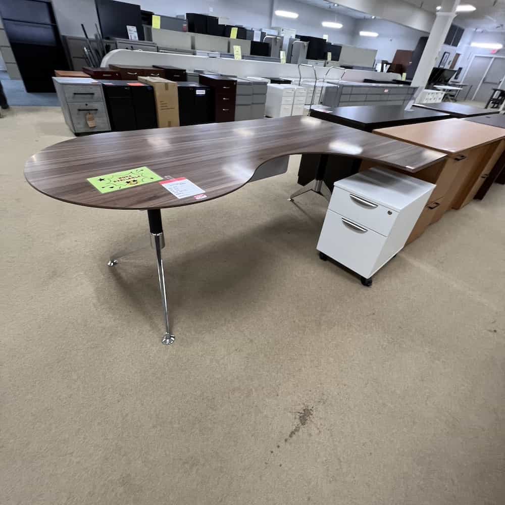 walnut laminate porkchop l-desk with box file set and privacy panel right return