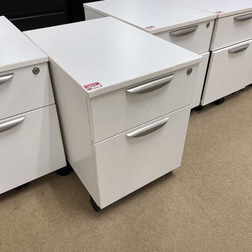 white laminate 2 drawer box file cabinet with silver pulls, rolling