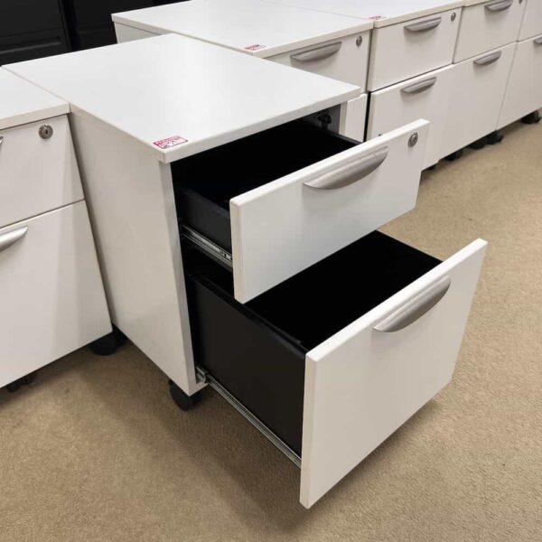 white laminate 2 drawer box file cabinet with silver pulls, rolling