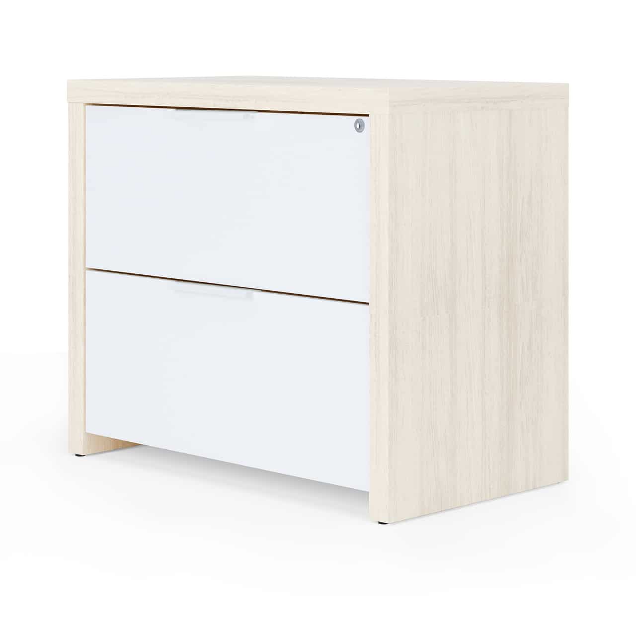 2 drawer lateral, white drawers, maple outside, laminate, modern