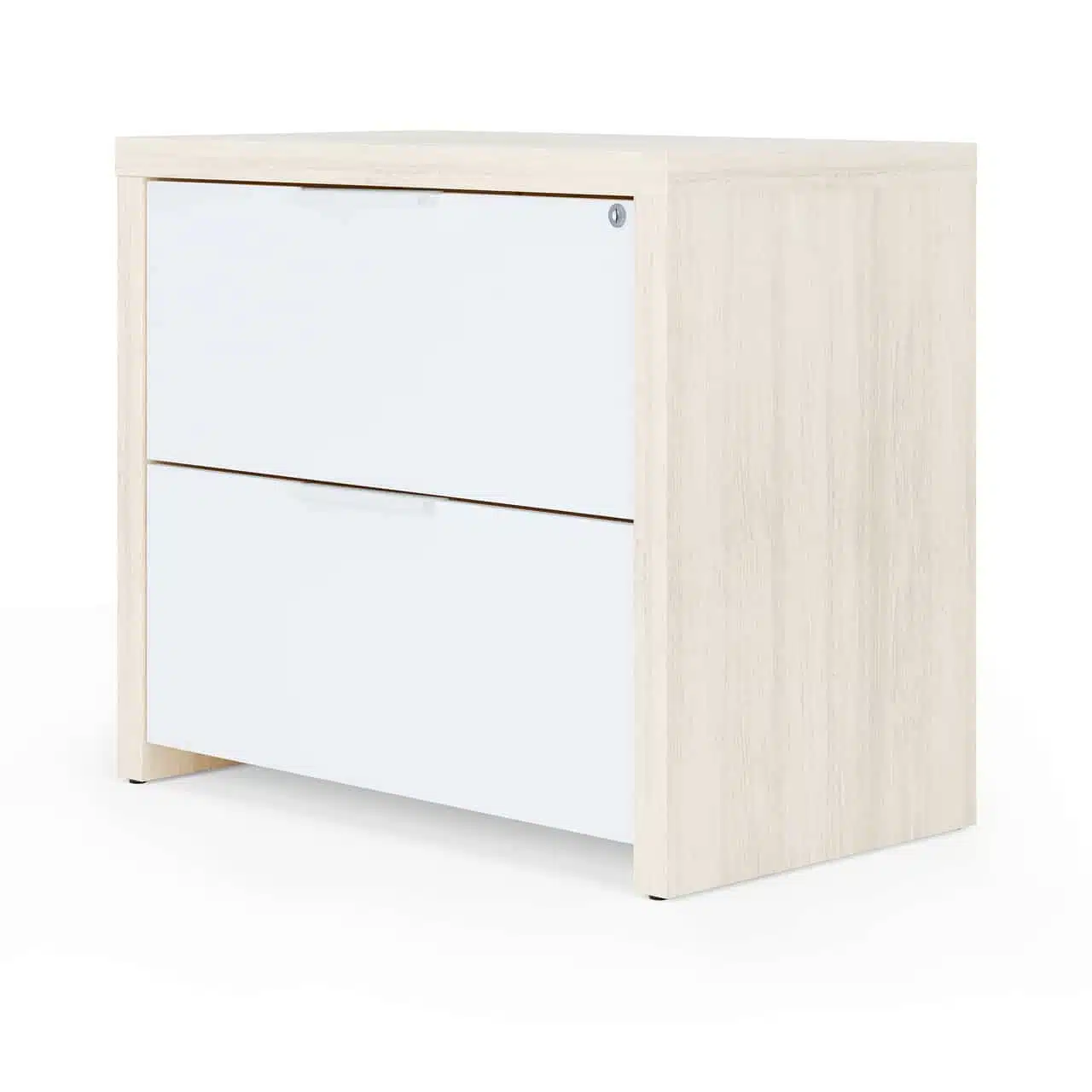 2 drawer lateral, white drawers, maple outside, laminate, modern