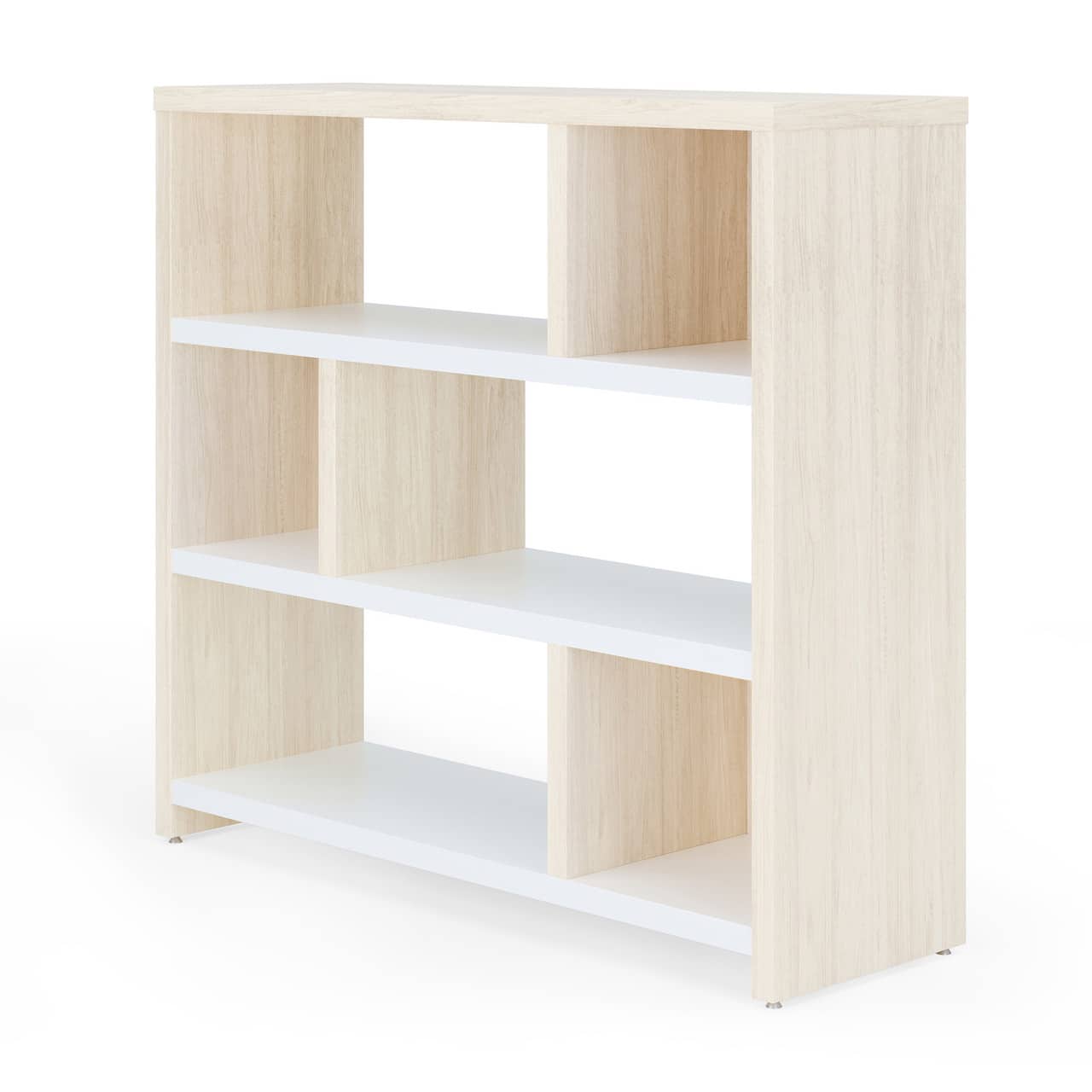 maple and white cubby bookshelf, square