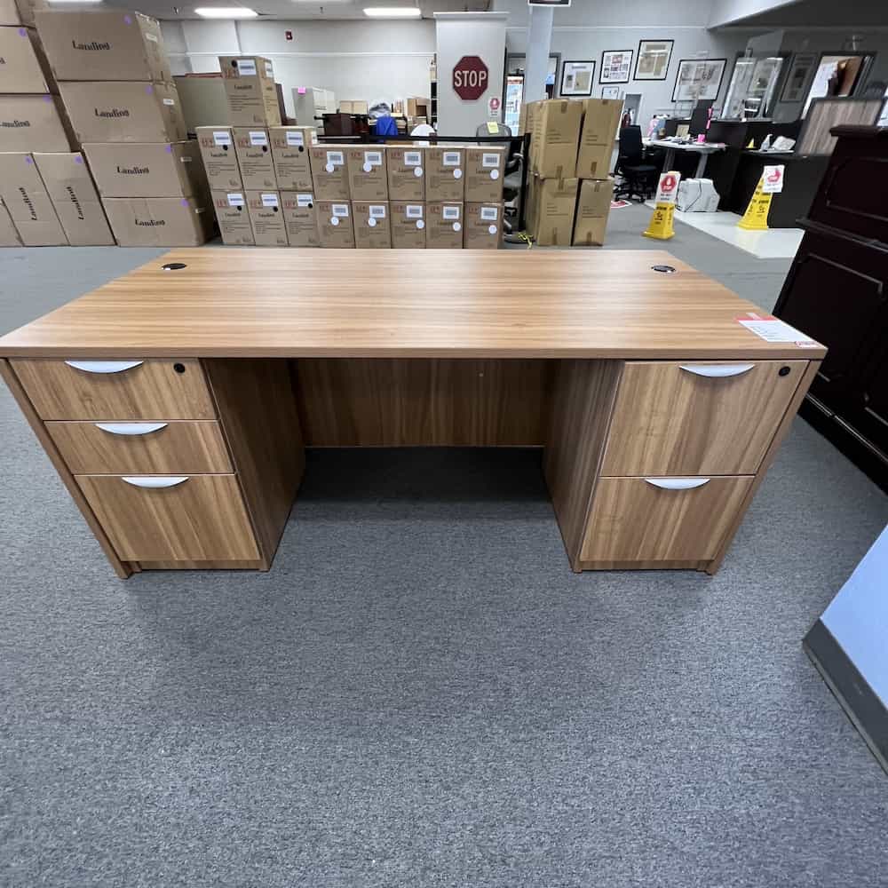 autumn walnut rooms to go desk with two pedestal files and silver pulls