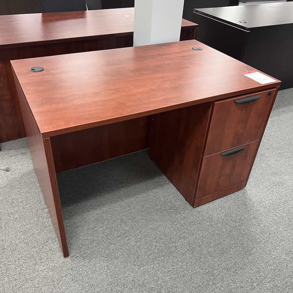 cherry laminate 48x30 desk with file file on the right side, black pulls