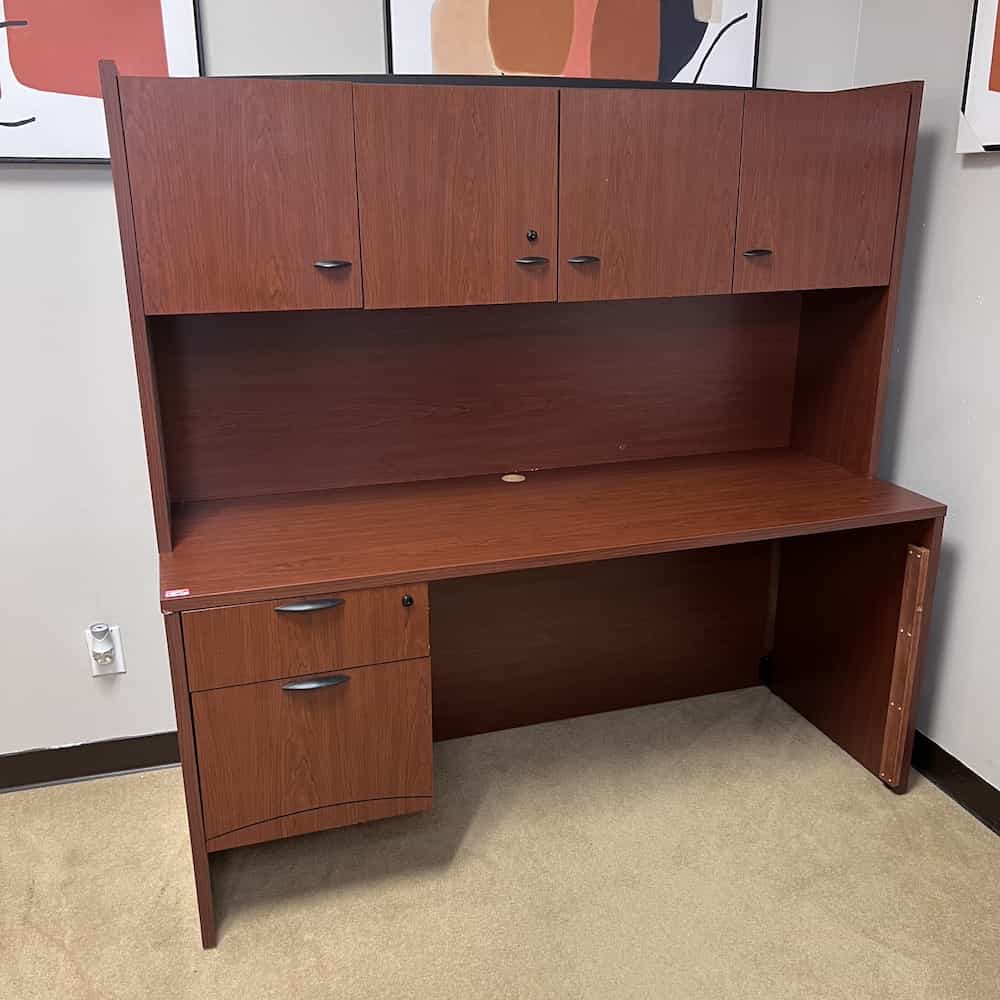 cherry laminate credenza desk with hutch and 4 doors, one hanging box file
