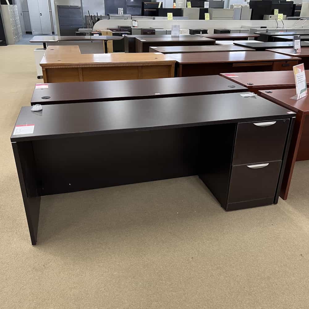 espresso desk credenza with file file drawers, laminate, silver pulls