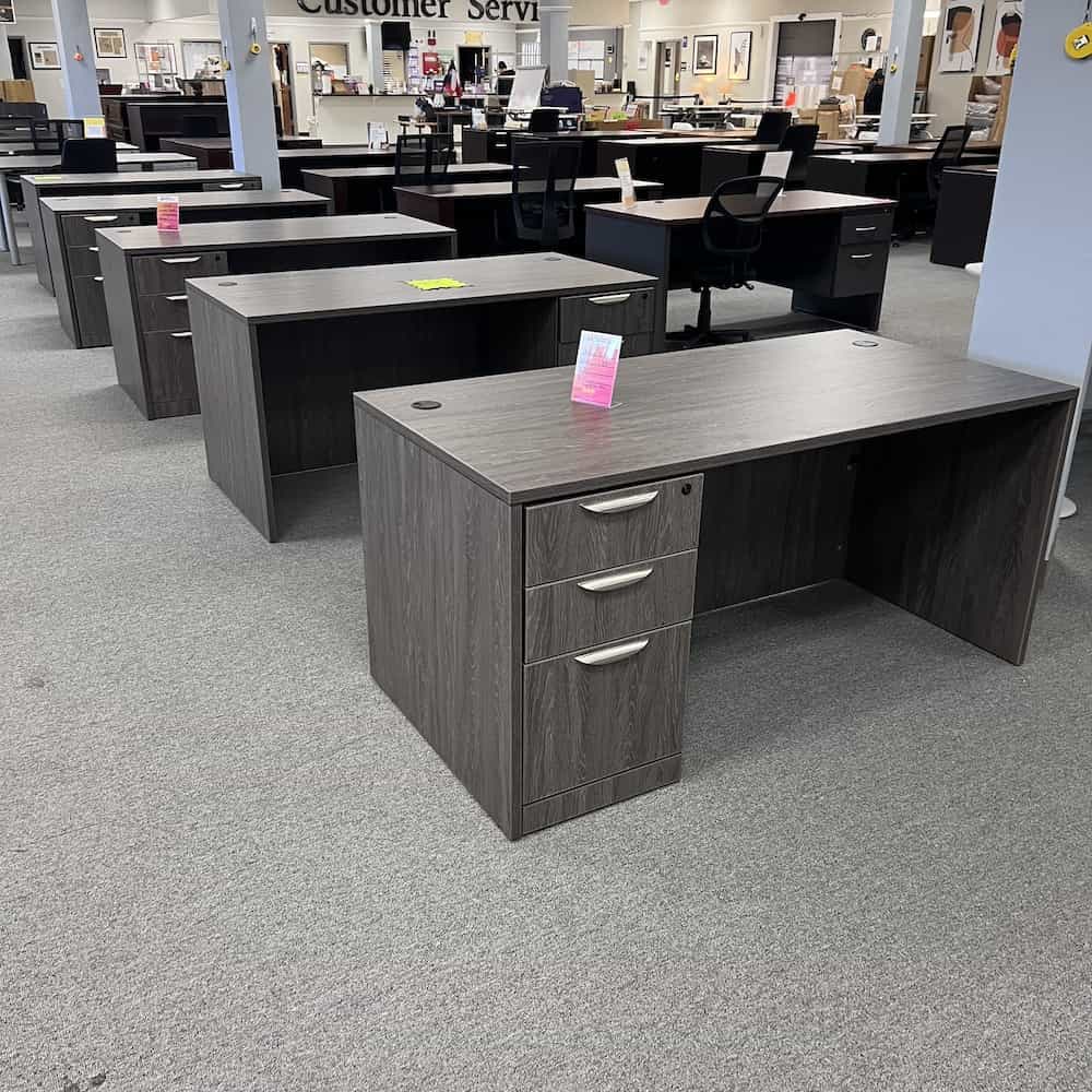 grey laminate desk with box box file with silver pulls