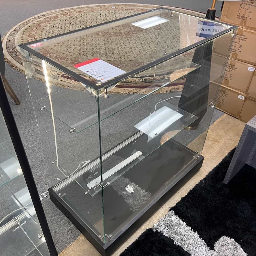 used glass display retail counter case, black base