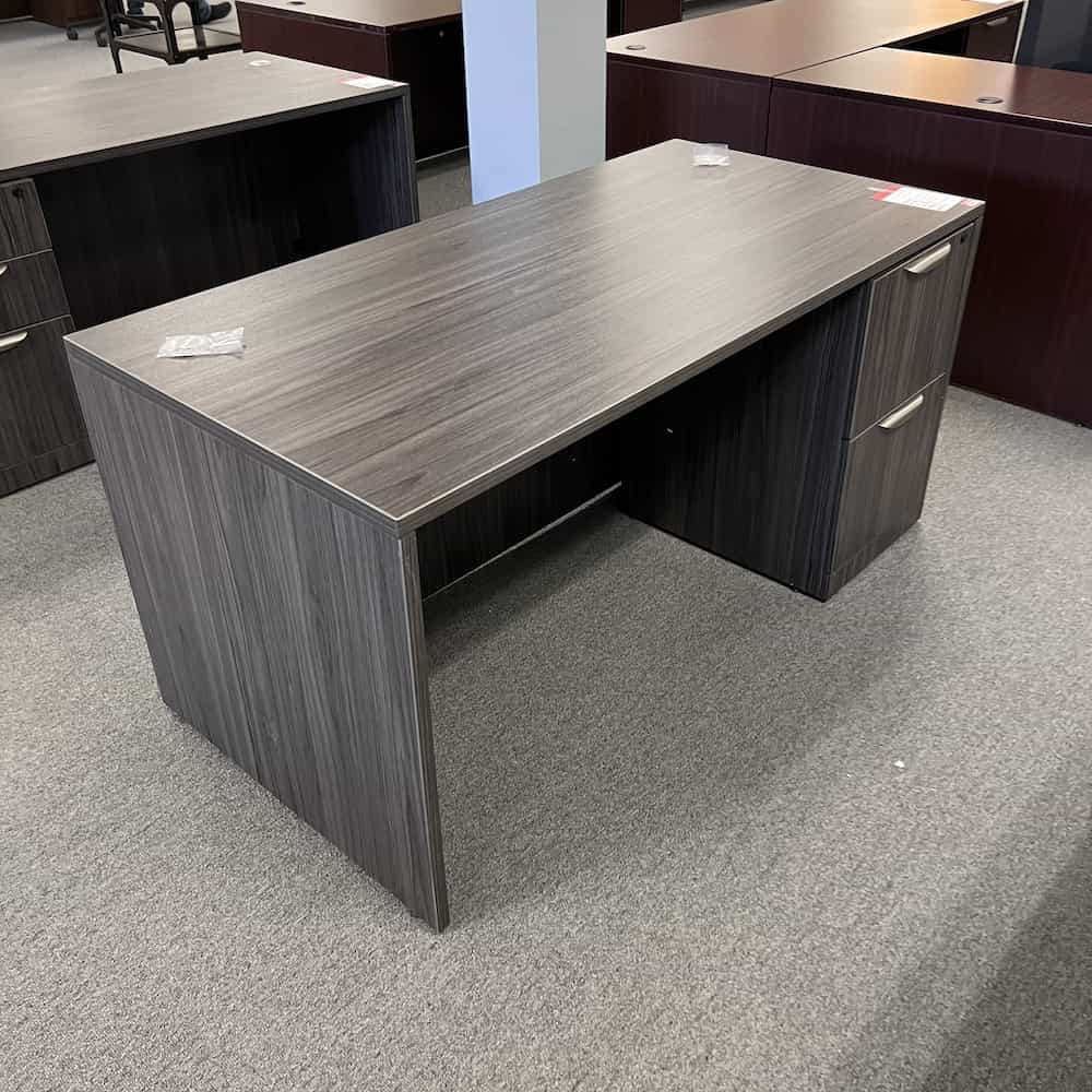 grey laminate desk with one pedestal right side with file file and silver pulls