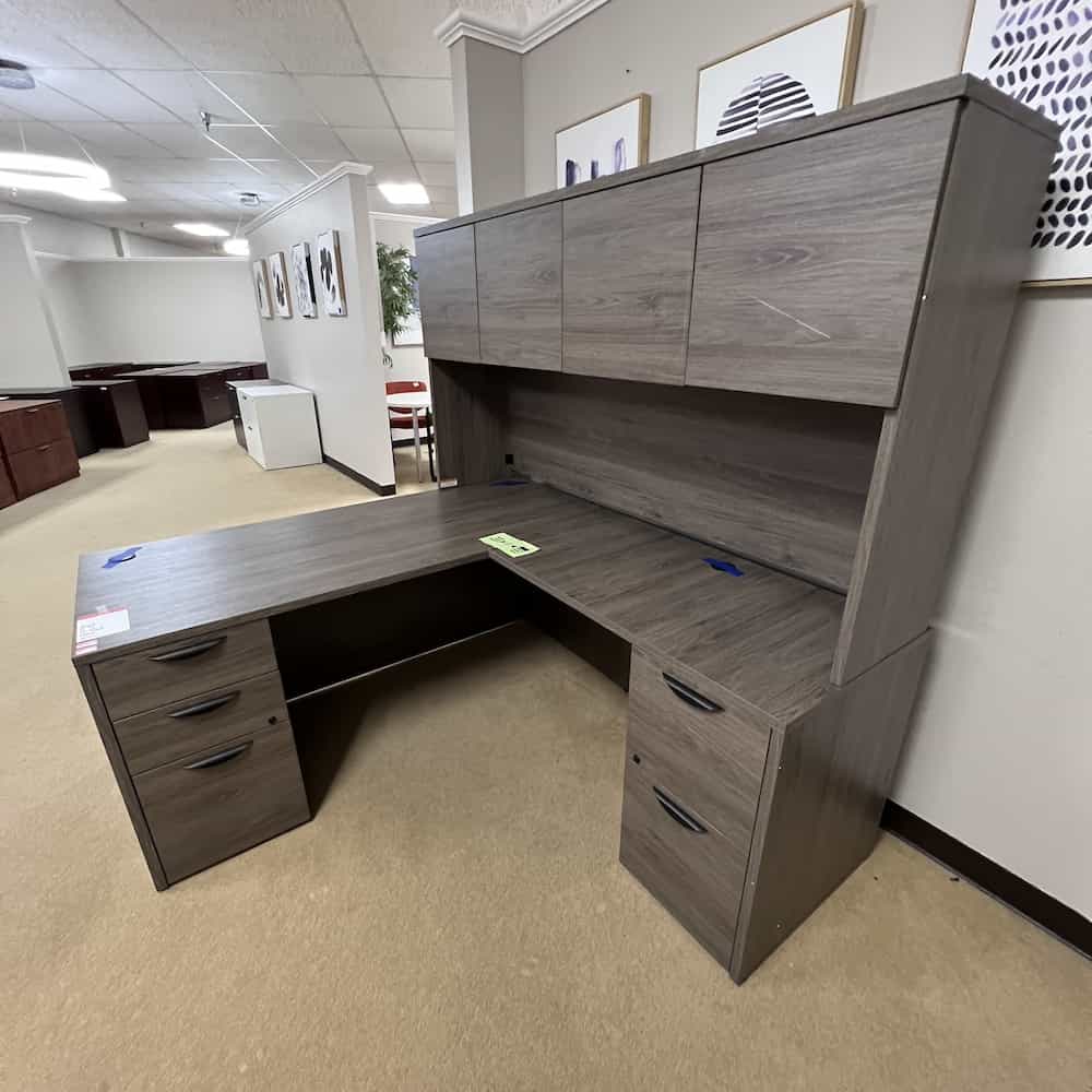grey elm laminate l-desk right return with hutch, two pedestals, doors on hutch