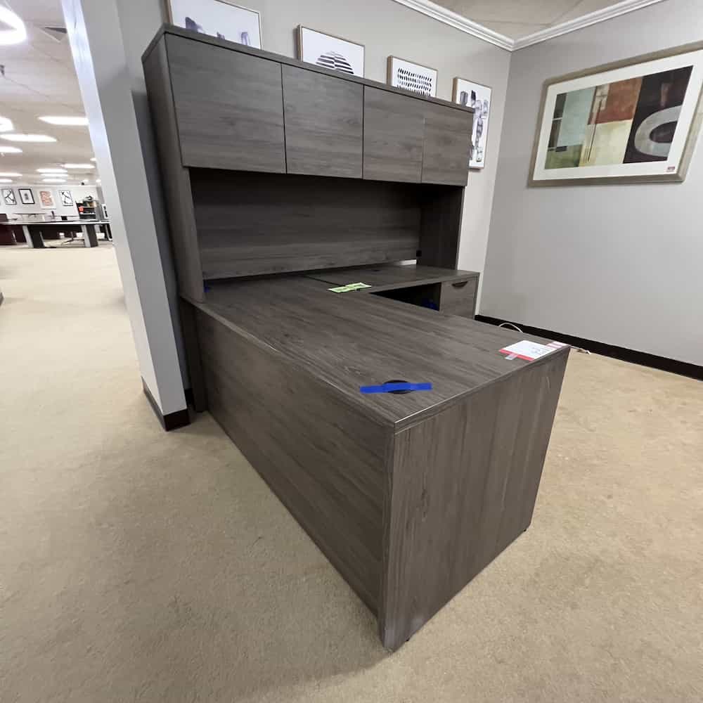grey elm laminate l-desk right return with hutch, two pedestals, doors on hutch, used scratch and dent