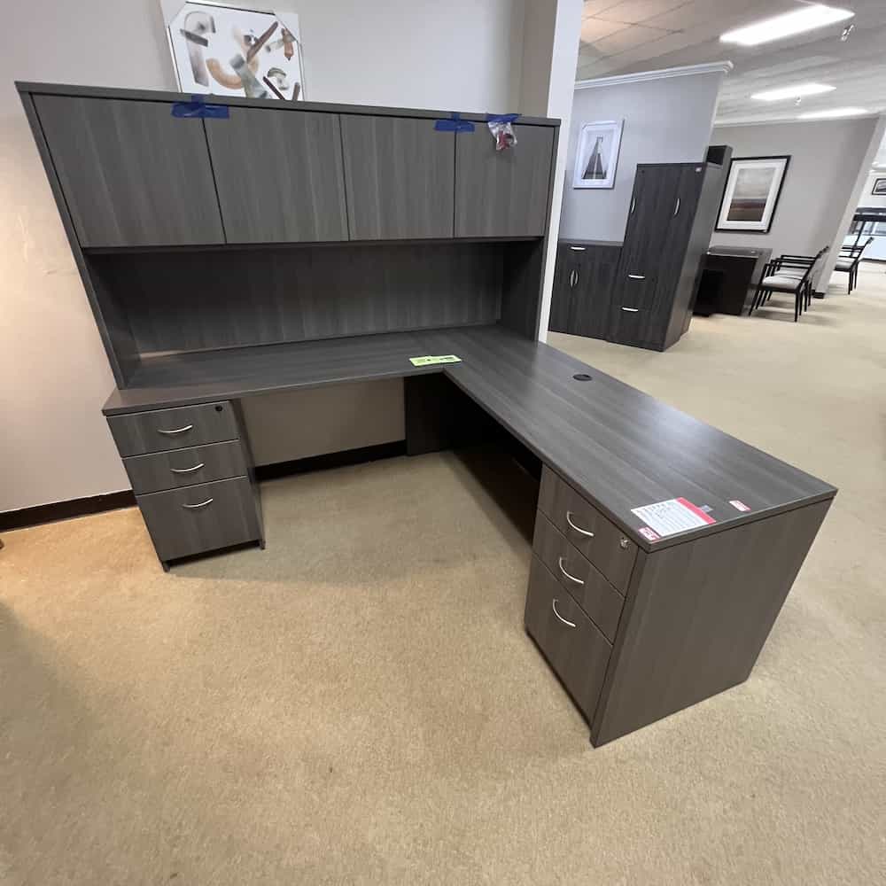 71 x 72 grey laminate l-desk left return with two BBF drawers with hutch