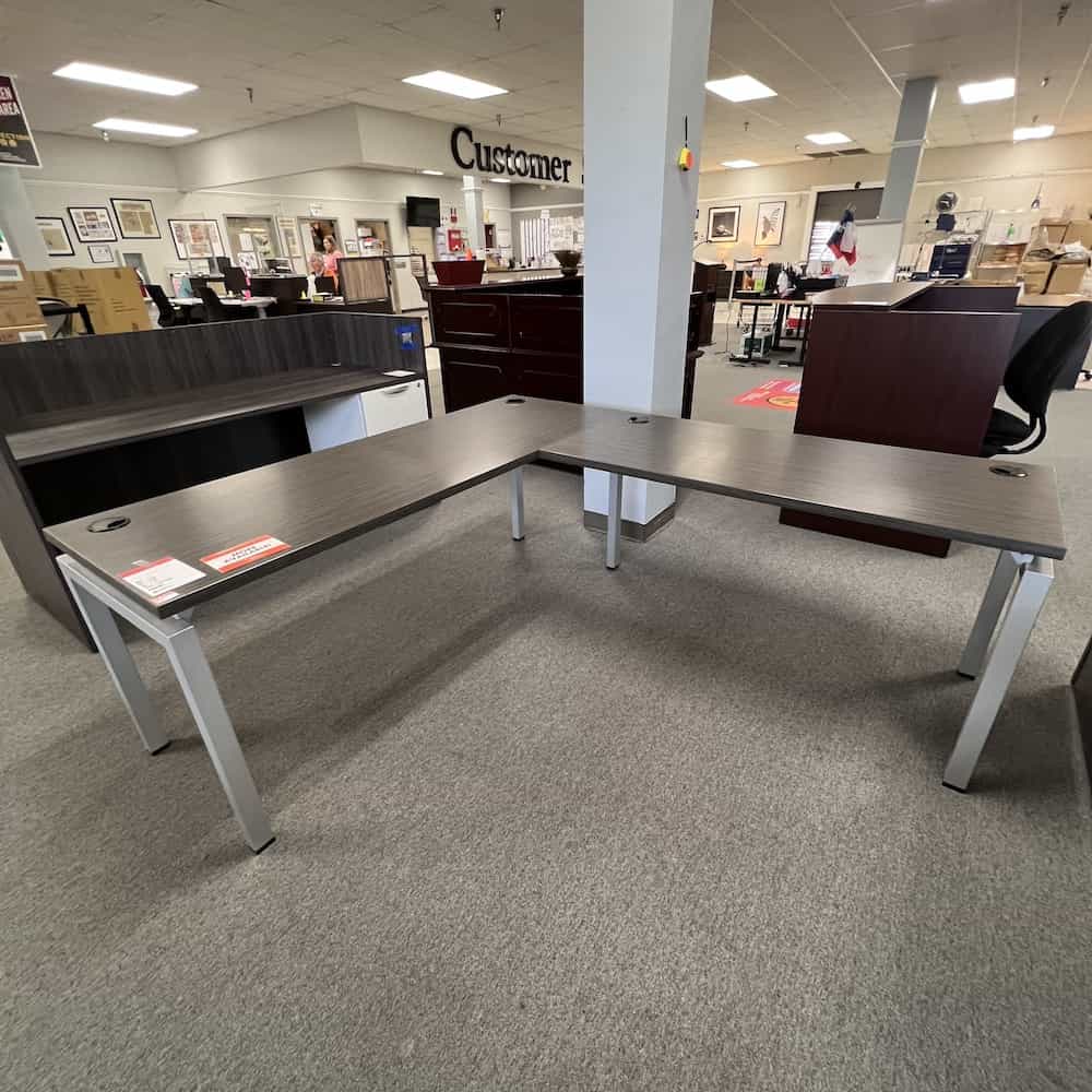 grey l-desk with table with grey metal legs, right return