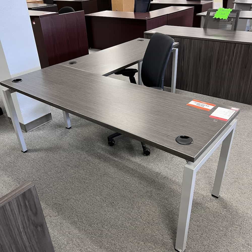 grey l-desk with table with grey metal legs, right return