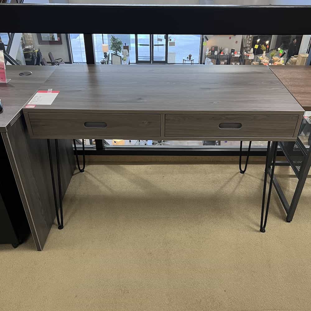 grey desk with two pencil drawers and black hairpin legs