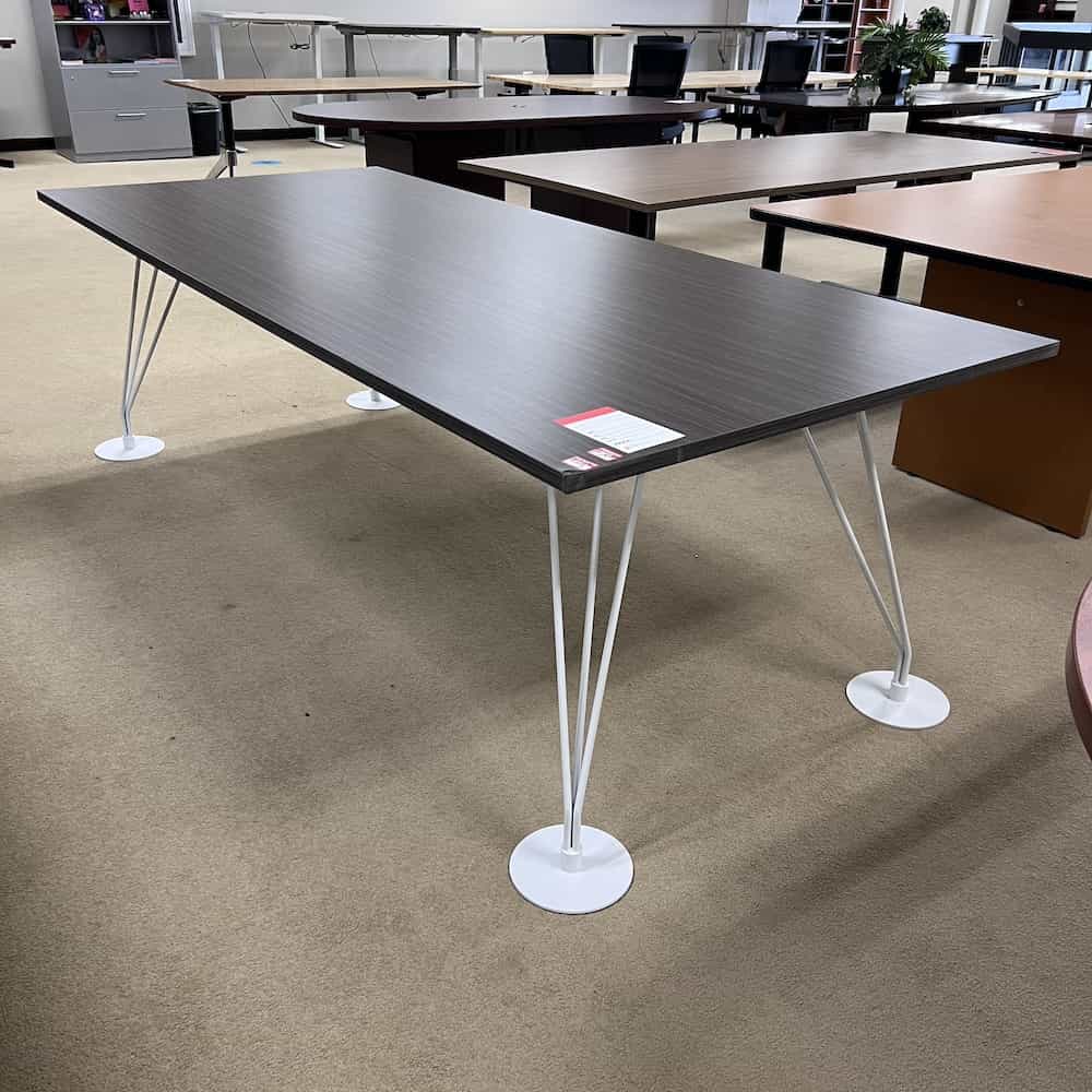 grey rectangle laminate conference table 8 ft, white hairpin legs