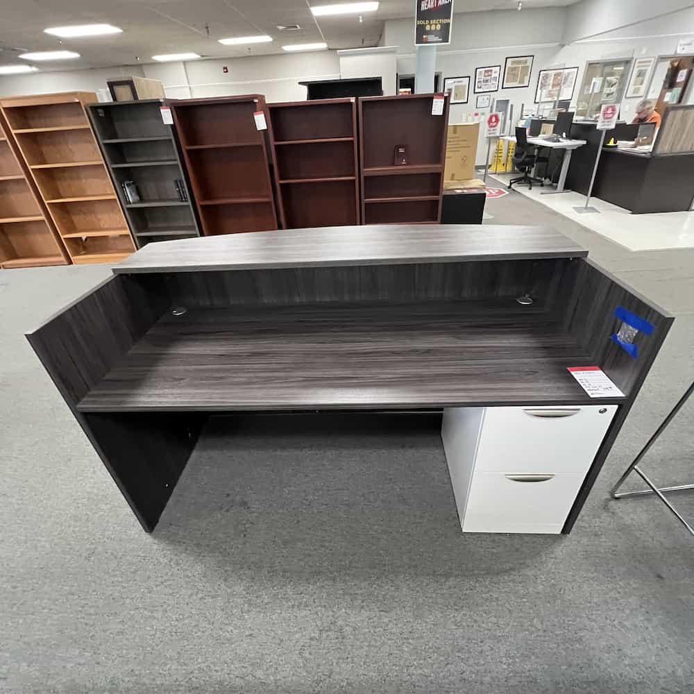 grey laminate reception desk with white file/file cabinet, laminate transaction top