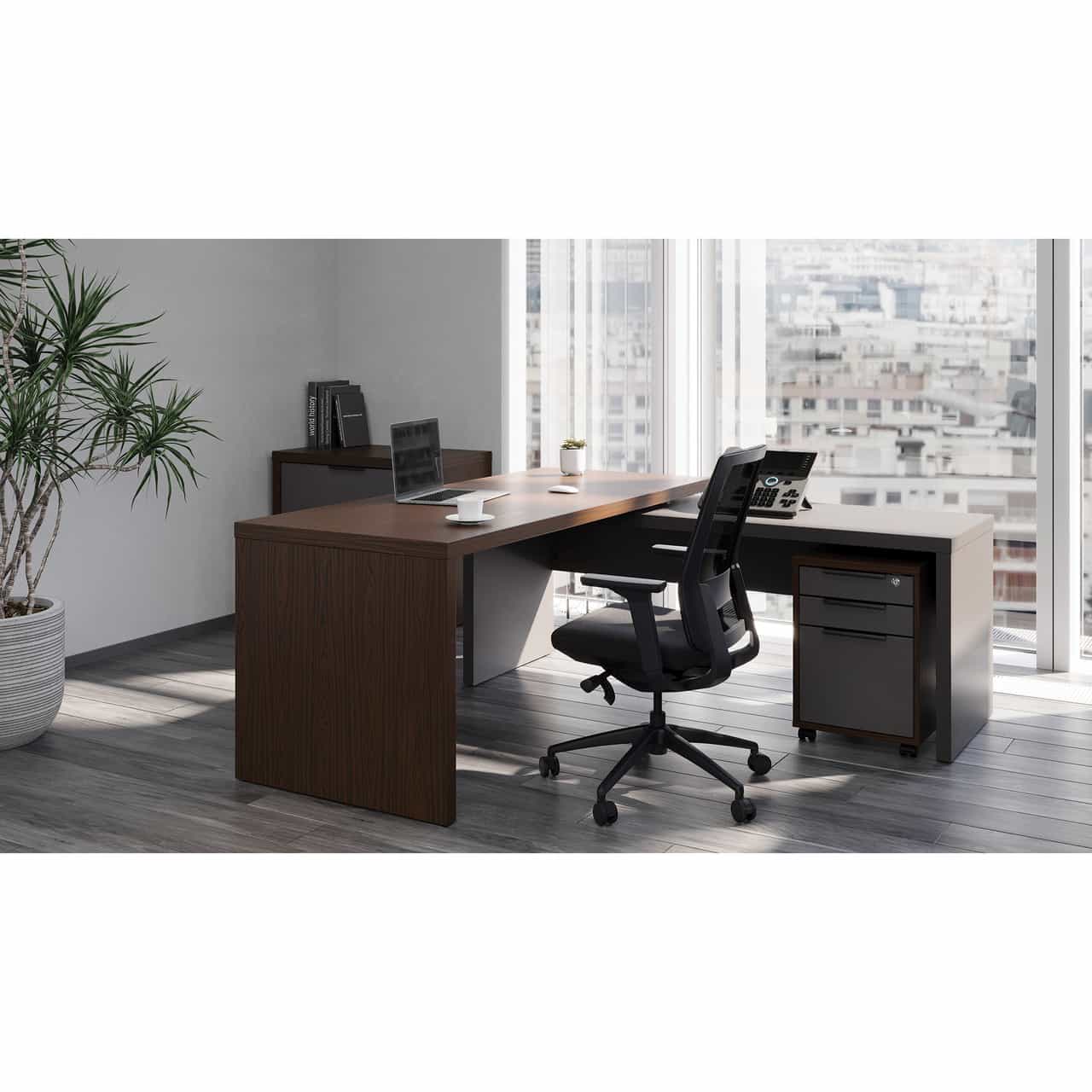 lucca collection walnut and grey l-desk setup with a pedestal file and chair