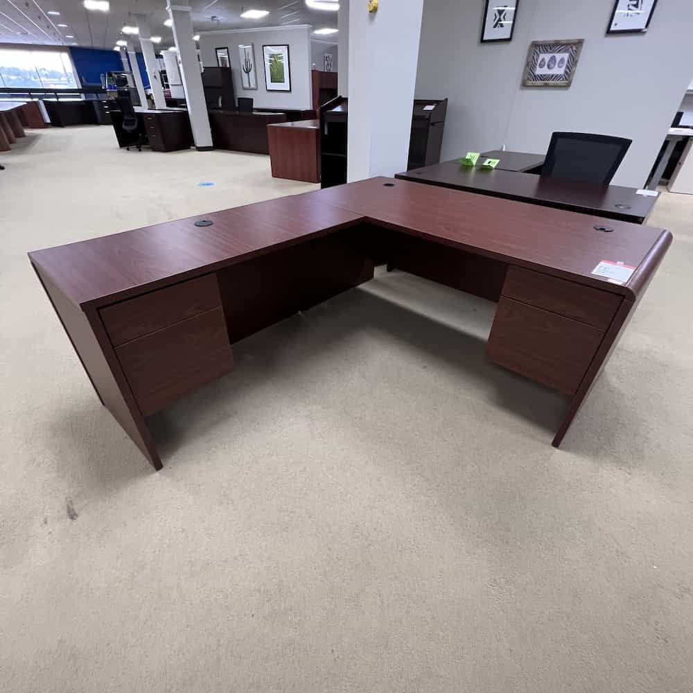 global brand mahogany l-desk left return with 2 hanging files 66x78